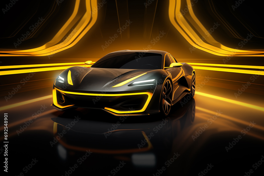 black sports or luxury car wallpaper with a fantastic yellow light effect background - obrazy, fototapety, plakaty 