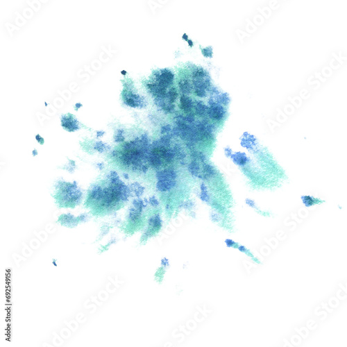 Stains and splashes of paint and water in turquoise and blue. Hand drawn watercolor illustration. Underwater world, sea clipart for decoration and design. Isolated element on white background.