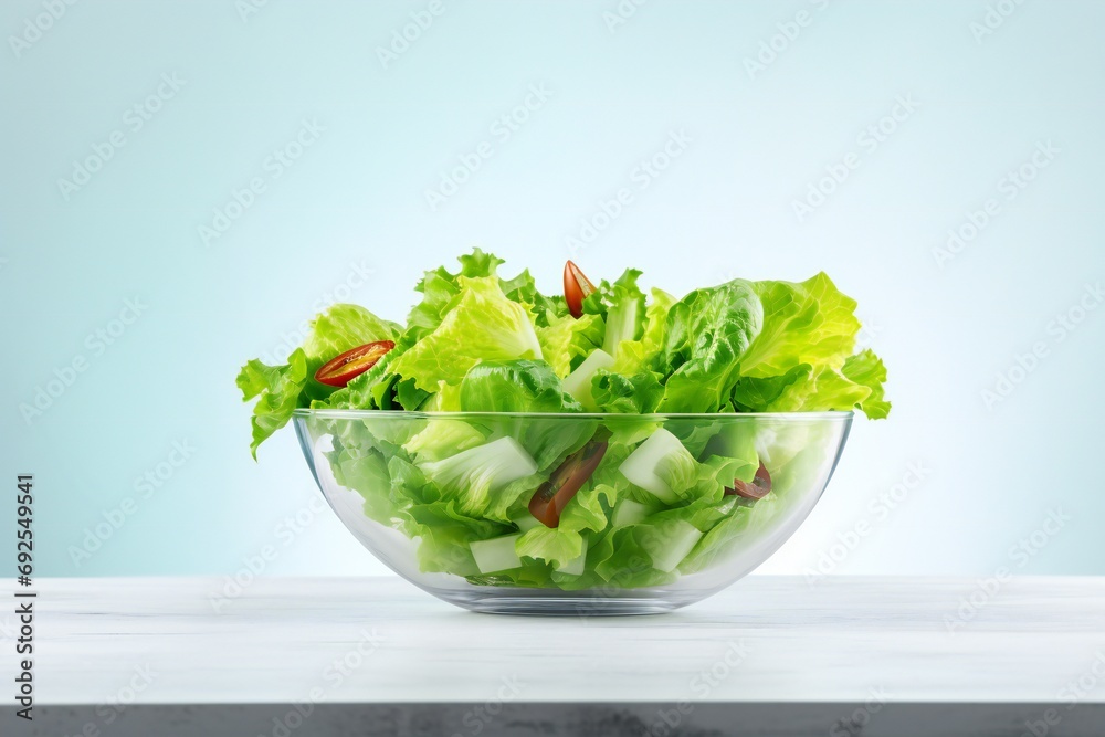 Salad vegetables in glass bowl on table on light background side view, healthy lifestyle concept, empty space horizontal banner