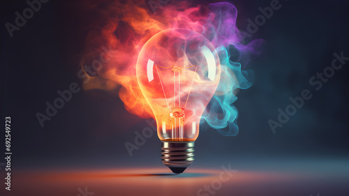 Glowing light bulb in smoke on dark background. AI Generative