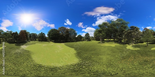Park and green meadow scene 360 panorama, 3D rendering