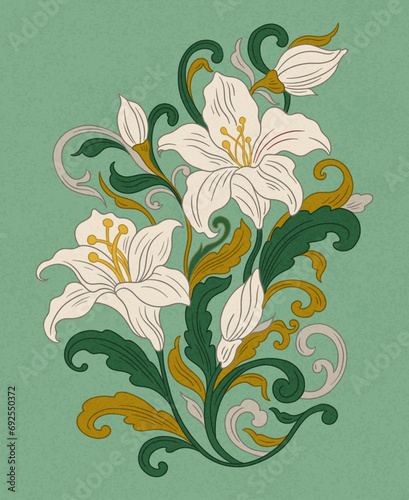 Floral lily easter plant in art nouveau 1920-1930. Hand drawn lily with weaves of lines, leaves and flowers.