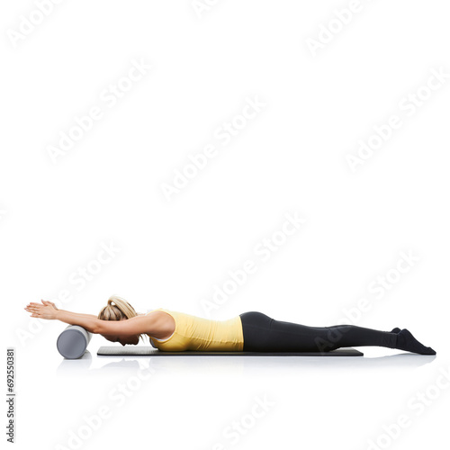 Yoga, foam roller and woman in floor exercise, stretching or gym performance for wellness, fitness or pilates training. Workout equipment, mockup studio space or person isolated on white background