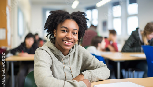 Happy cheerful American - African black ethnicity female university student learning. Highschool teenager sitting in classroom. photo
