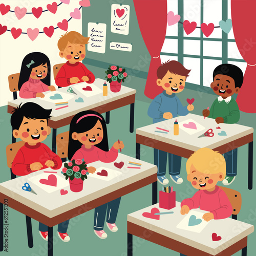 Illustration of Kids Making Valentines Cards 