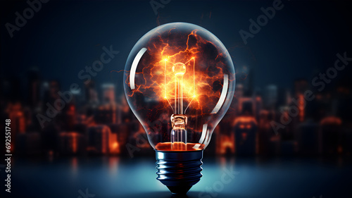 Glass lightbulb with burning fire on city background. AI Generative