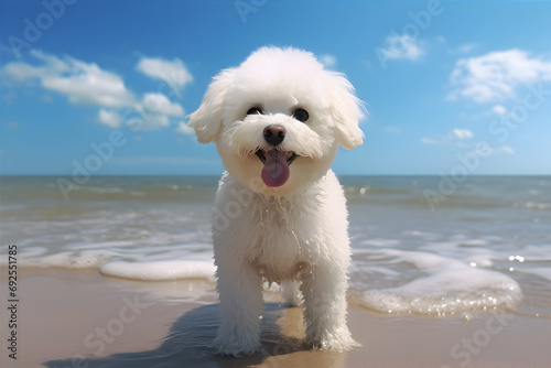Cute Bichon Frise dog standing on the beach. AI Generative © narokzaad
