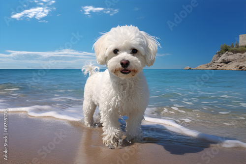 Bichon Frise dog on the beach with a blue sky background. AI Generative © narokzaad