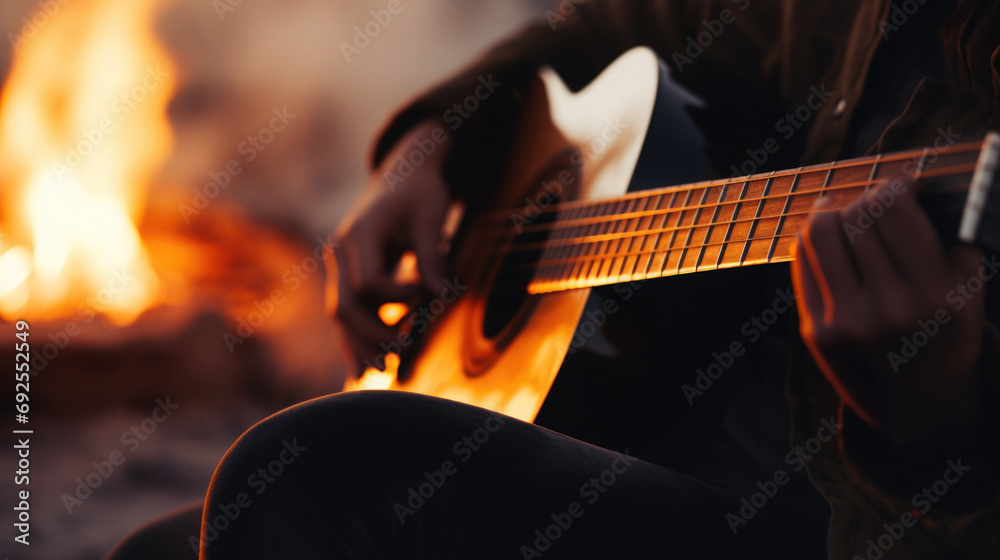 Close-up of an acoustic guitar in a musician's lap, blurred background of a bonfire - obrazy, fototapety, plakaty 