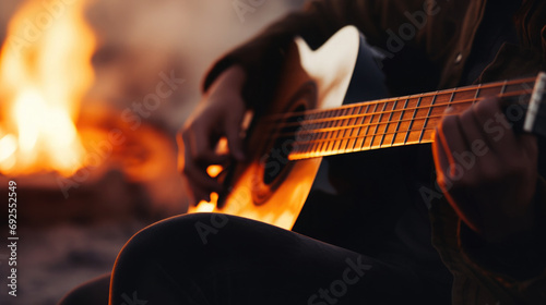 Foto Close-up of an acoustic guitar in a musician's lap, blurred background of a bonf