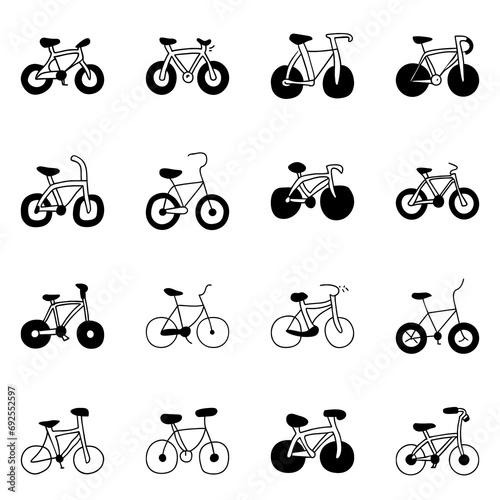 Set of bicycle icon. Hand drawn doodle vector design.