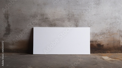 A white business card, its blank surface held up against the varied, textured backdrop of a solid concrete wall.