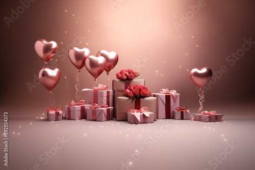 valentines day celebration, greeting card mockup, surprise for beloved. festive background with hearts and decorated gift box, copy space for text design photo