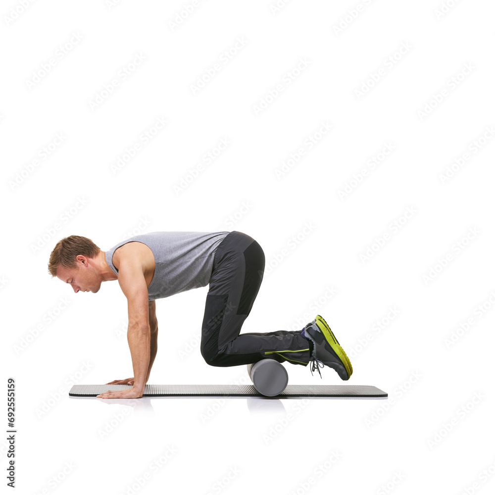 Obraz premium Exercise, foam roller and man in floor push up for arm strength building, muscle growth or bodybuilding workout. Balance, mockup studio space or sports person in pilates training on white background