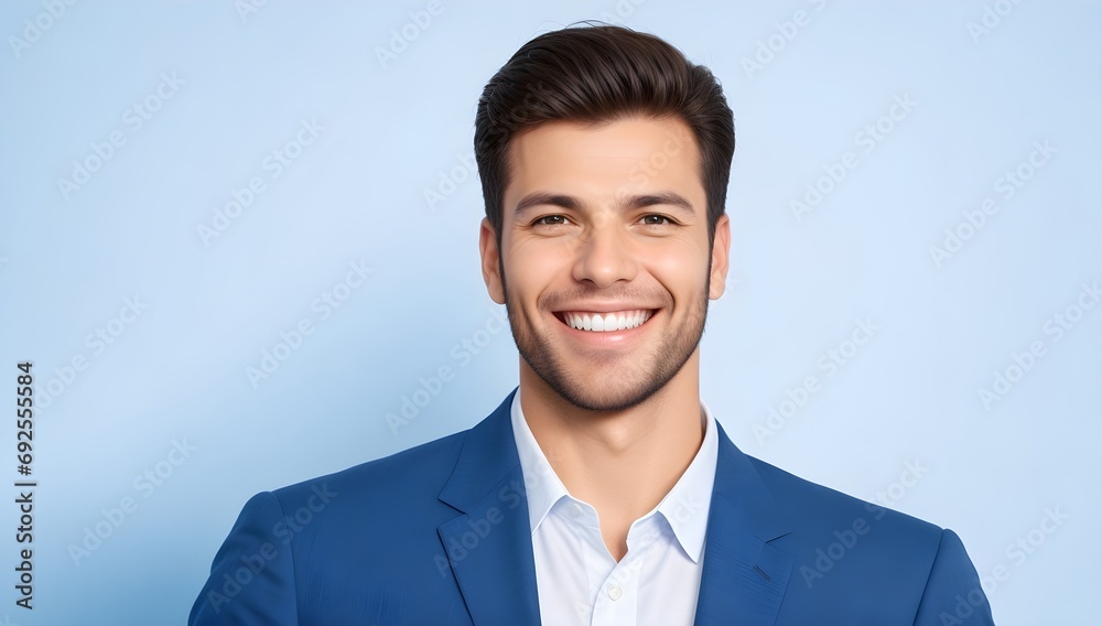 Smiling handsome caucasian man with brunette hair and white teeth on blue background. Portrait of a happy young businessman with blue blazer. Smiling handsome caucasian man with brunette hair and white teeth on blue background. Portrait of a happy young businessman with blue blazer.