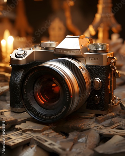 Vintage camera on a background of stones. Shallow depth of field