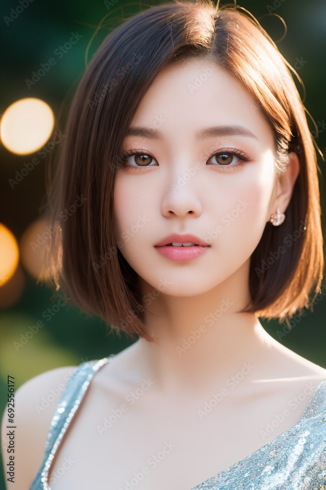 Portrait of beautiful Japanese women in a sleek side-swept bob in ice silver makes a statement alongside a dramatic one-shoulder top Portrait of beautiful Japanese women in a sleek side-swept bob in ice silver makes a statement alongside a dramatic one-shoulder top