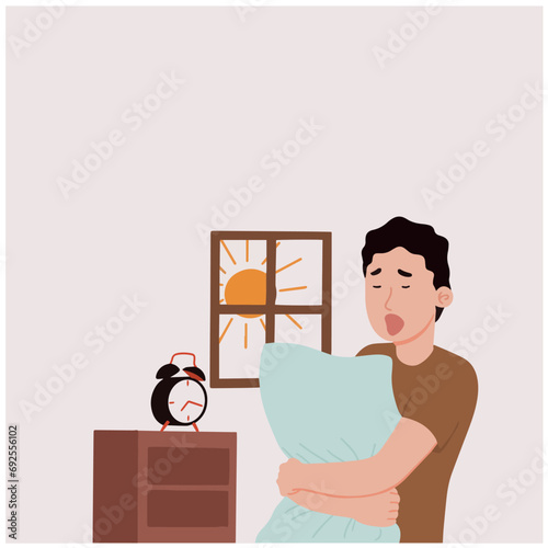 Portrait of  sleepy man waking up early morning vector illustration