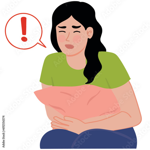 Portrait of woman suffering from stomach ache menstruation cramps illustration