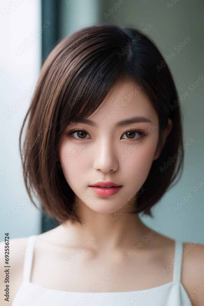 Portrait of beautiful Japanese women in a sleek side-swept bob in ice silver makes a statement alongside a dramatic one-shoulder top Portrait of beautiful Japanese women in a sleek side-swept bob in ice silver makes a statement alongside a dramatic one-shoulder top
