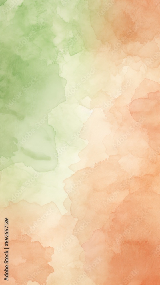 Fototapeta premium Watercolor art background. Old paper. Peach and green texture for cards, flyers, poster, banner. 
