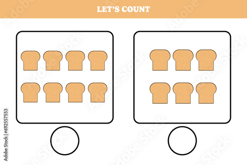 Counting game with bread. Educational worksheet design for preschool, kindergarten students. Learning mathematics. Brain teaser fun activity for kids.