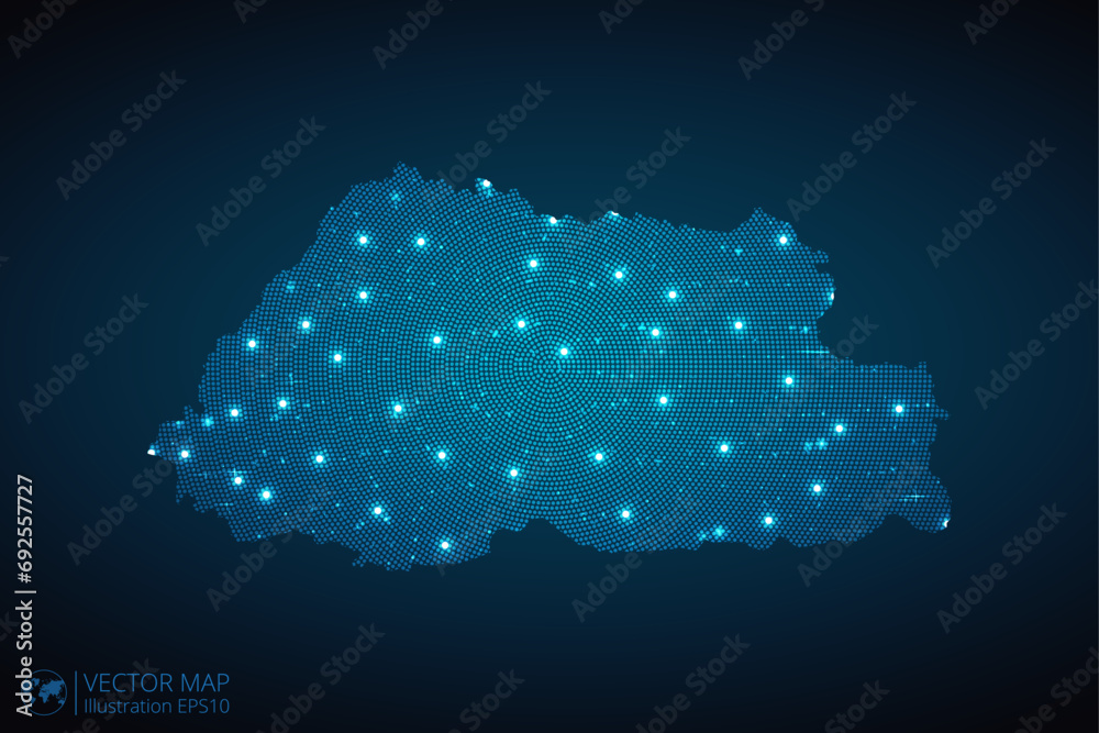 Bhutan map radial dotted pattern in futuristic style, design blue circle glowing outline made of stars. concept of communication on dark blue background. Vector illustration EPS10