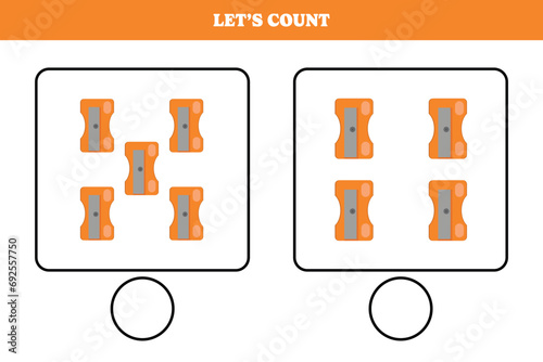 Counting game with sharpener. Educational worksheet design for preschool, kindergarten students. Learning mathematics. Brain teaser fun activity for kids.