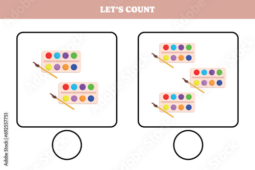 Counting game with watercolor. Educational worksheet design for preschool, kindergarten students. Learning mathematics. Brain teaser fun activity for kids.