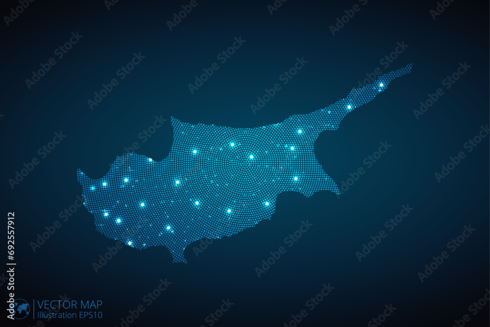 Cyprus map radial dotted pattern in futuristic style, design blue circle glowing outline made of stars. concept of communication on dark blue background. Vector illustration EPS10