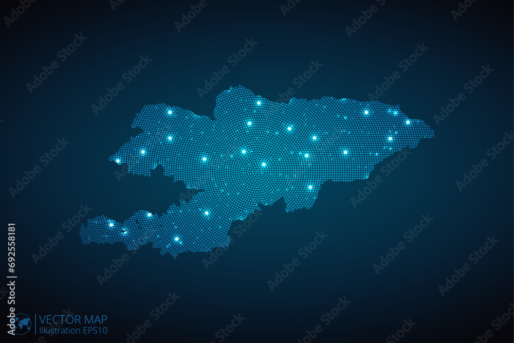 Kyrgyzstan map radial dotted pattern in futuristic style, design blue circle glowing outline made of stars. concept of communication on dark blue background. Vector illustration EPS10