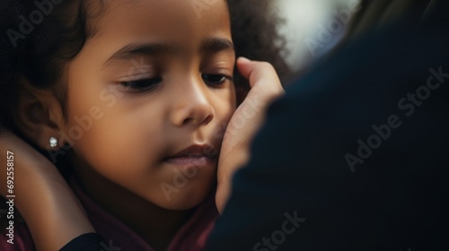 Close-up of a Hispanic child receiving a vaccine, comforting presence of a medical professional photo