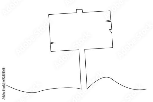 Single continuous line drawing of wooden road sign