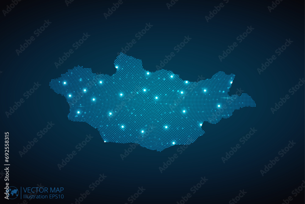 Mongolia map radial dotted pattern in futuristic style, design blue circle glowing outline made of stars. concept of communication on dark blue background. Vector illustration EPS10