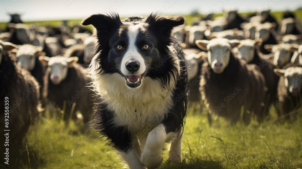 A black and white border collie herding sheep in a field