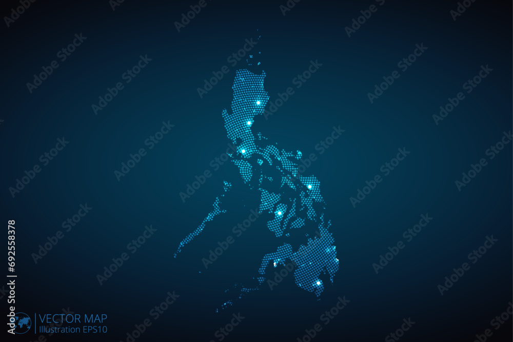 Philippines map radial dotted pattern in futuristic style, design blue circle glowing outline made of stars. concept of communication on dark blue background. Vector illustration EPS10