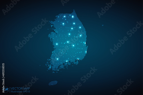 South Korea map radial dotted pattern in futuristic style, design blue circle glowing outline made of stars. concept of communication on dark blue background. Vector illustration EPS10