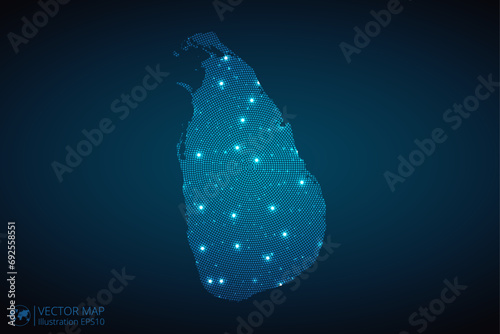 Sri Lanka map radial dotted pattern in futuristic style, design blue circle glowing outline made of stars. concept of communication on dark blue background. Vector illustration EPS10