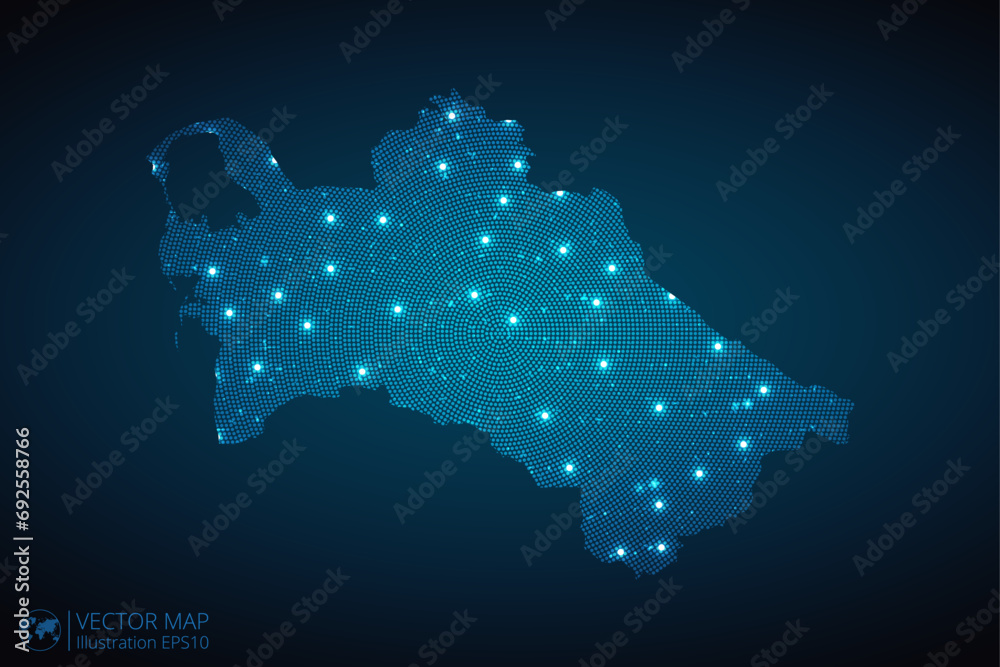 Turkmenistan map radial dotted pattern in futuristic style, design blue circle glowing outline made of stars. concept of communication on dark blue background. Vector illustration EPS10