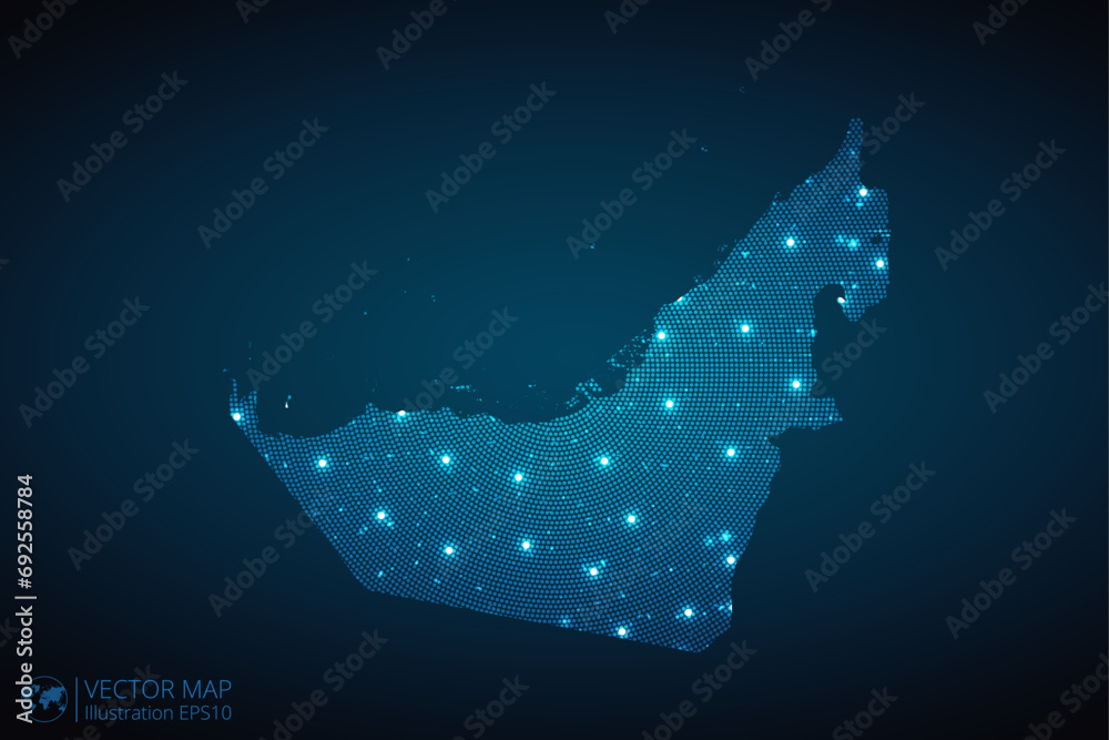 United Arab Emirates map radial dotted pattern in futuristic style, design blue circle glowing outline made of stars. concept of communication on dark blue background. Vector illustration EPS10