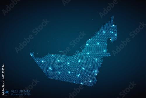 Fototapeta Naklejka Na Ścianę i Meble -  United Arab Emirates map radial dotted pattern in futuristic style, design blue circle glowing outline made of stars. concept of communication on dark blue background. Vector illustration EPS10