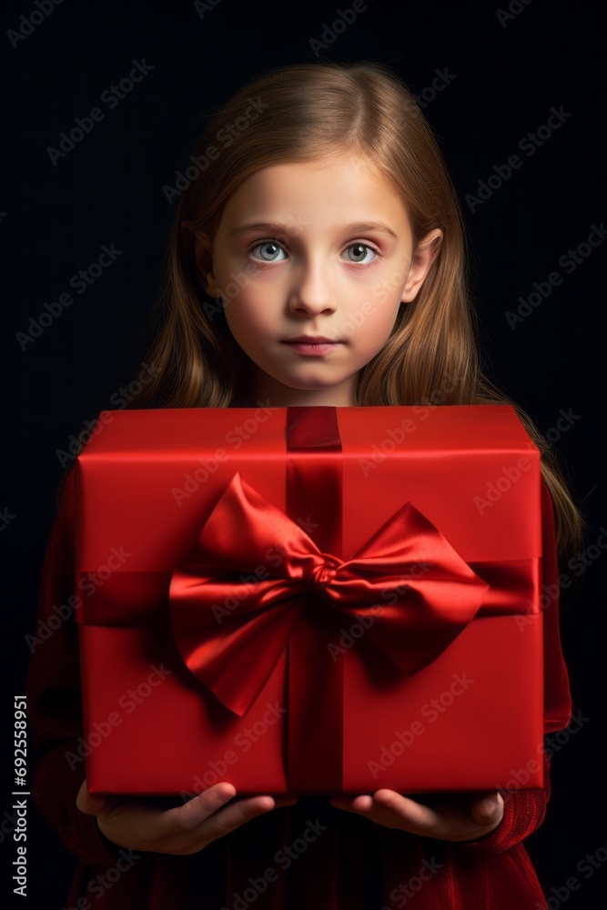 Beautiful brunette girl in a red dress with a gift and happy emotions on a black background, a gift for the new year, March 8, Valentine's Day, mother's day. Beautiful brunette girl in a red dress with a gift and happy emotions on a black background, a gift for the new year, March 8, Valentine's Day, mother's day.