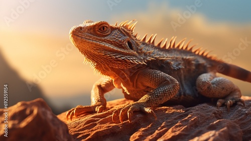 A close-up of a bearded dragon enjoying a sunbath on a rocky surface © Creativemind93