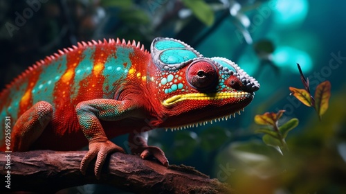 A close-up of a chameleon showcasing vibrant color changes on a branch