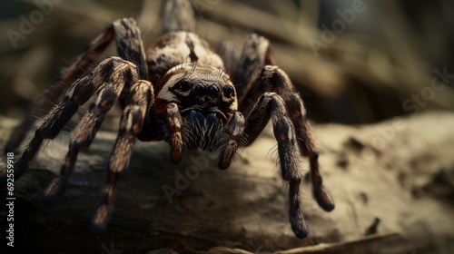 A close-up of a tarantula delicately spinning a web