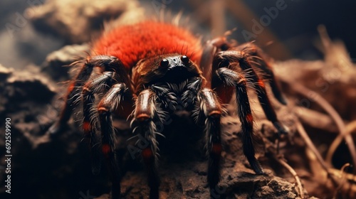 A close-up of a tarantula delicately spinning a silk web