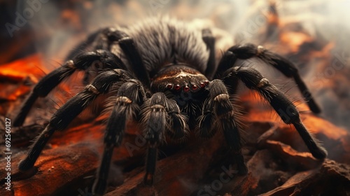 A close-up of a tarantula delicately spinning a silk web