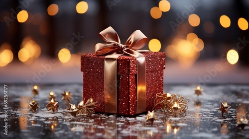 A decorative red gift box with a large golden bow standing in fresh snow against a bokeh background of twinkling lights photo