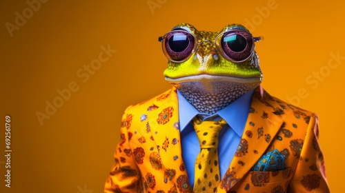 Humorous close up portrait of frog wearing colorful suit and tie and glasses. Brown gradient background with copy space.