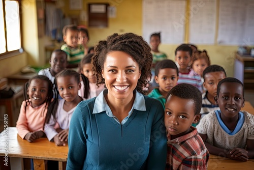 Happy teacher with pupils in classroom
